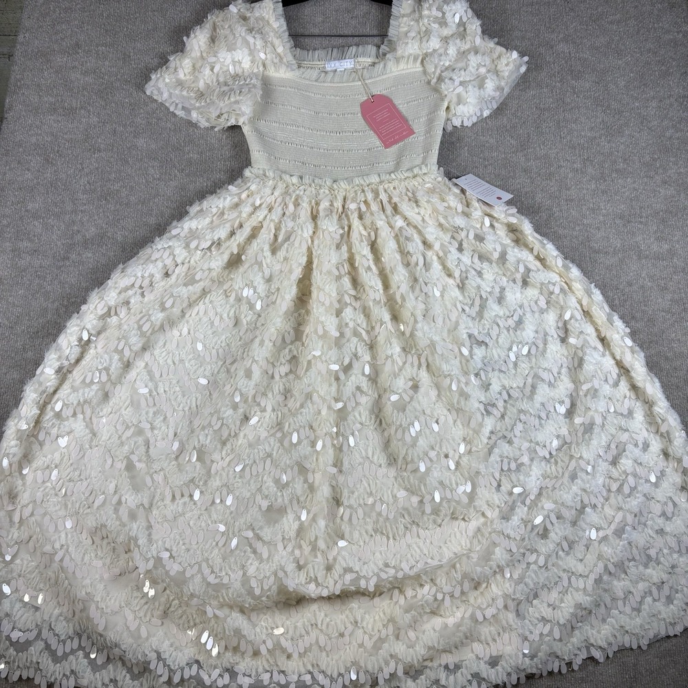 Ivy City Co Cloud Nine Sparkle Dress Ivory Sequin Smocked Maxi Women's S NWT - Picture 3 of 16